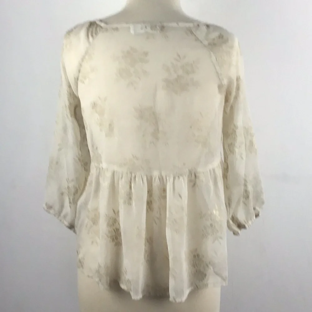 Abercrombie & Fitch boho sheer babydoll puff sleeve gold print blouse sz small.